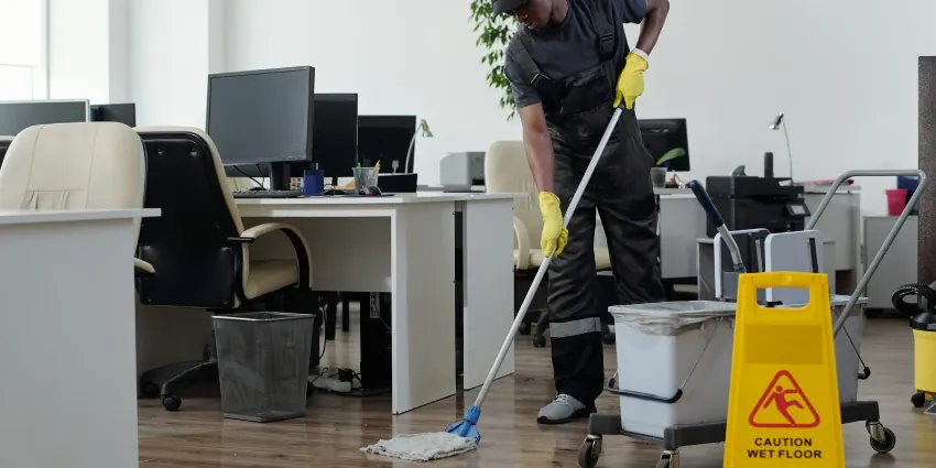 Cleaner mopping an office floor beside a yellow wet-floor sign