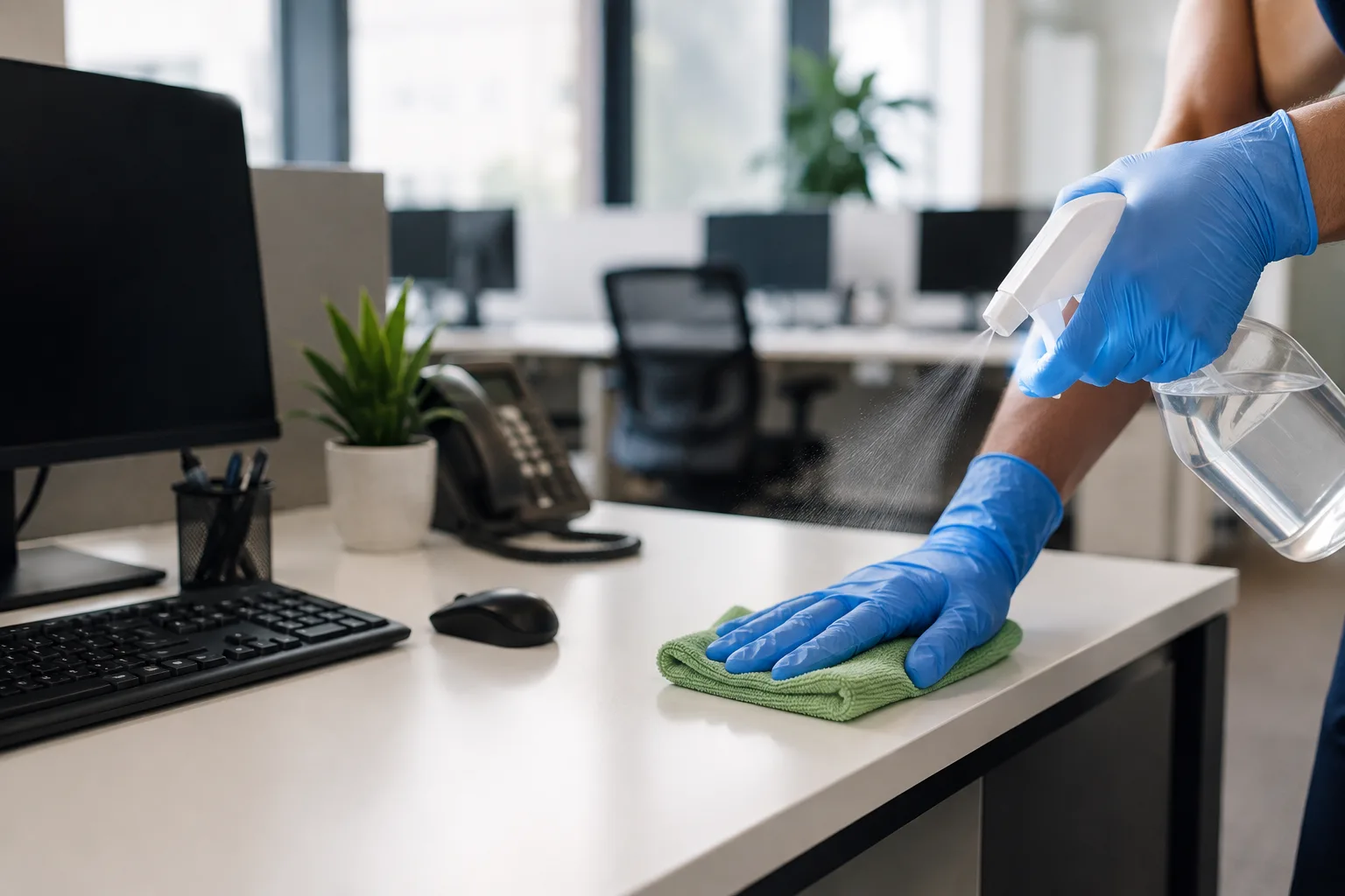 Office cleaning staff disinfecting a high-touch surface during flu season