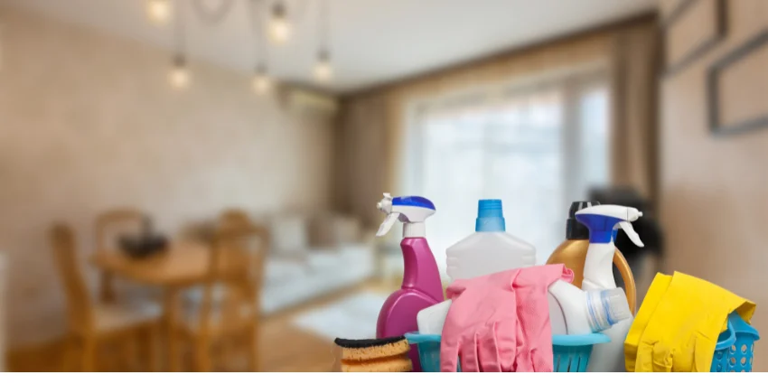 Dental office cleaner using PPE while disinfecting a treatment room