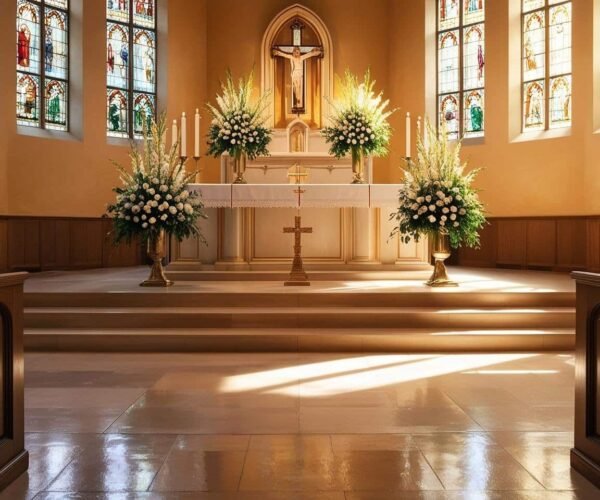 A serene image of the church altar or sanctuary, emphasizing its cleanliness and inviting atmosphere.