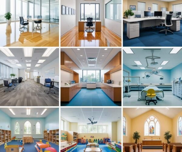 make a photo collage for _Office Cleaning, Floor Care Cleaning, Law Office Cleaning,Carpet Cleaning, Medical_Dental Cleaning, Gym _ Fitness Cleaning, Schools_Daycare Cleaning,Church Clean